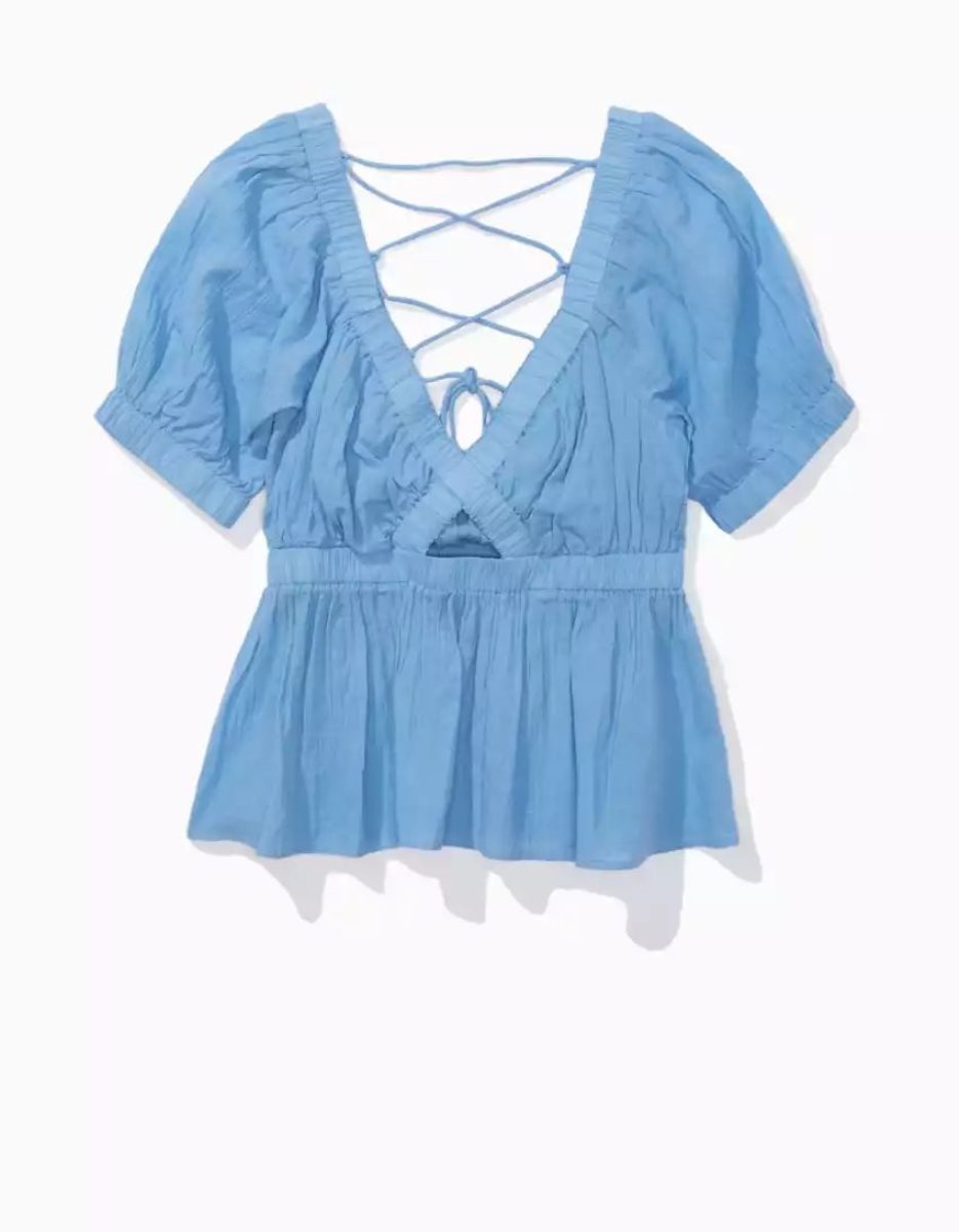 Chemises American Eagle AE Open-Back Babydoll Blouse Bleu Femme | MBB-60043621